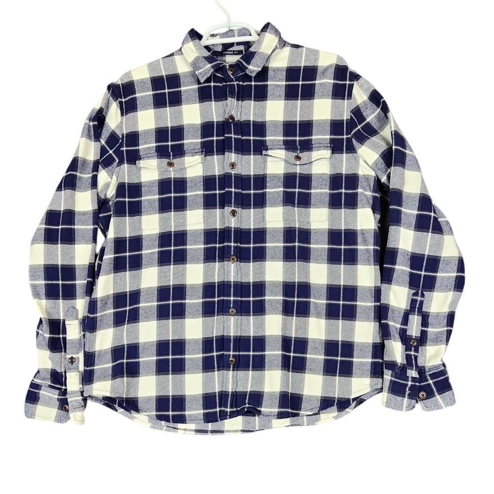 Lucky‎ Brand Mens Large Flannel Shirt Blue White Plaid Classic Fit Cotton